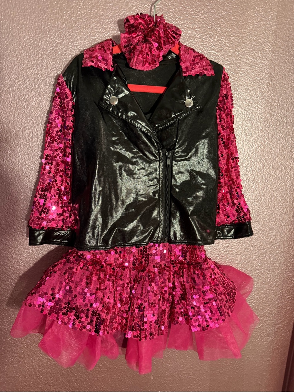 Weissman Hot Pink Sequin & Black Faux Leather Jacket Dress Set